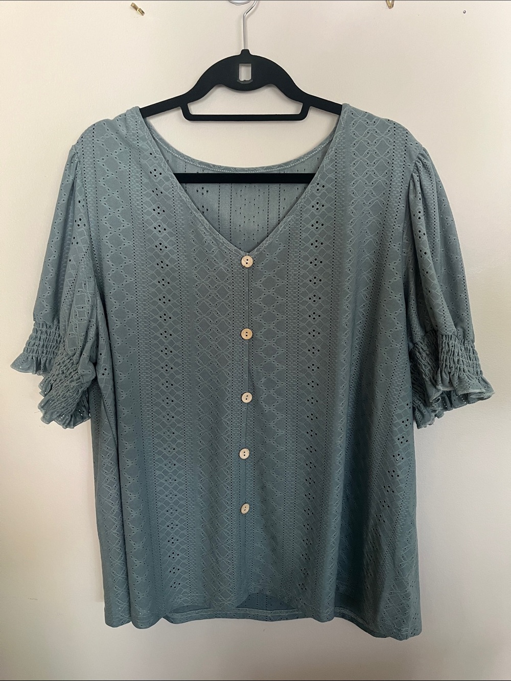 V-Neck Eyelet Button Front Blouse in Sage Blue